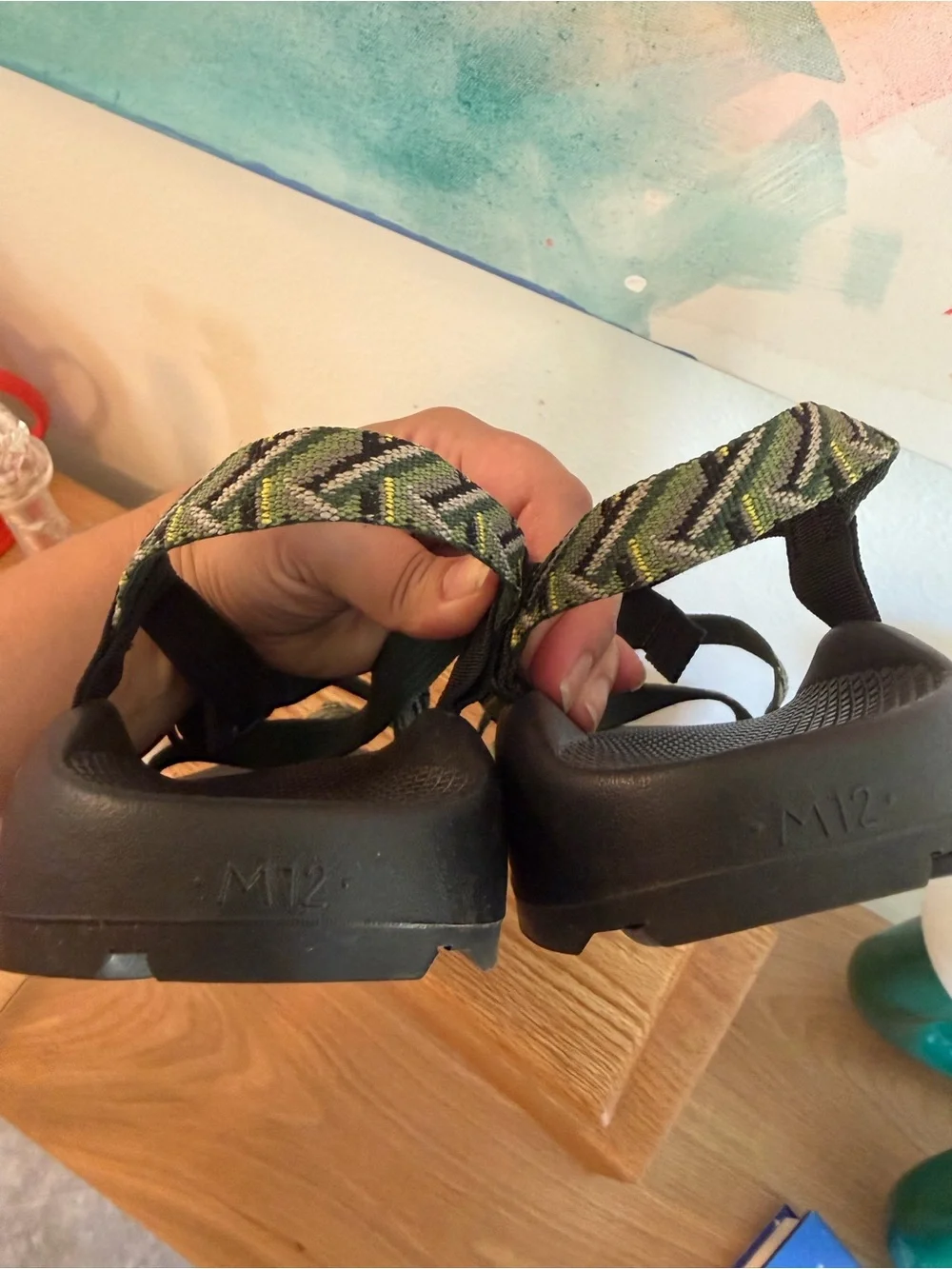 Chaco Men's Black Sandals with Green Patterned Straps